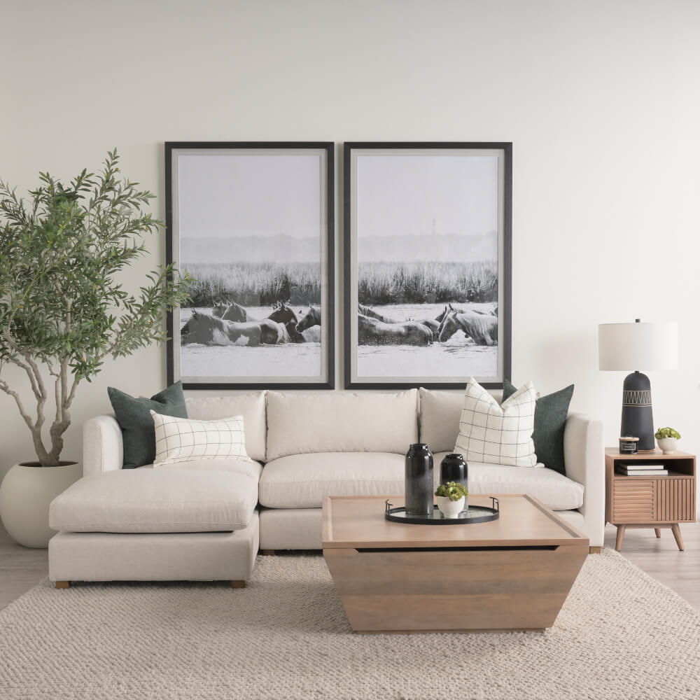 Water Horses III Wall Art - styled in a living room with ecru walls