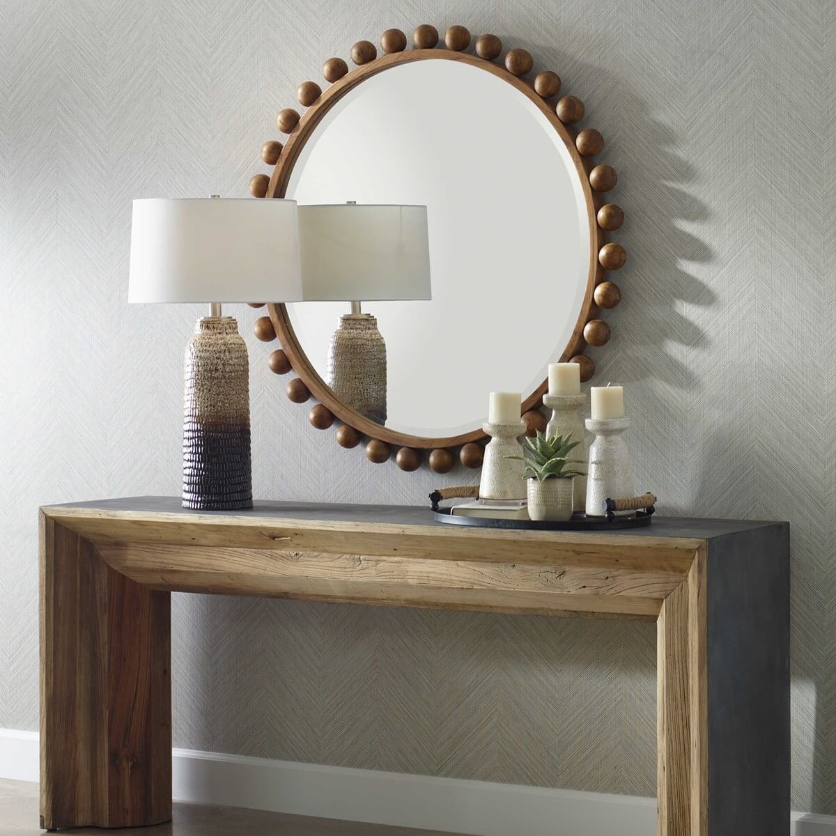 Cyra mirror in walnut - styled above a console table