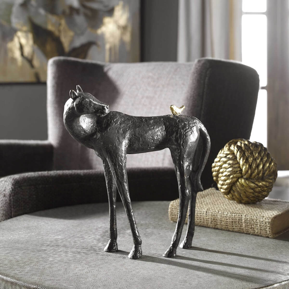 Hello Friend Cast Iron Horse Sculpture styled on a side table