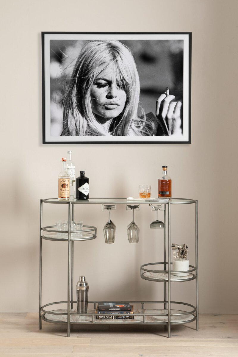 Brigitte Bardot Wall Art - styled above a bar cart