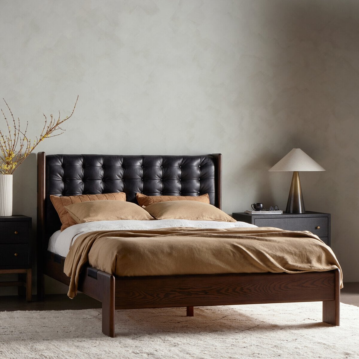 Halston Leather Bed - styled in a bedroom with black nightstands