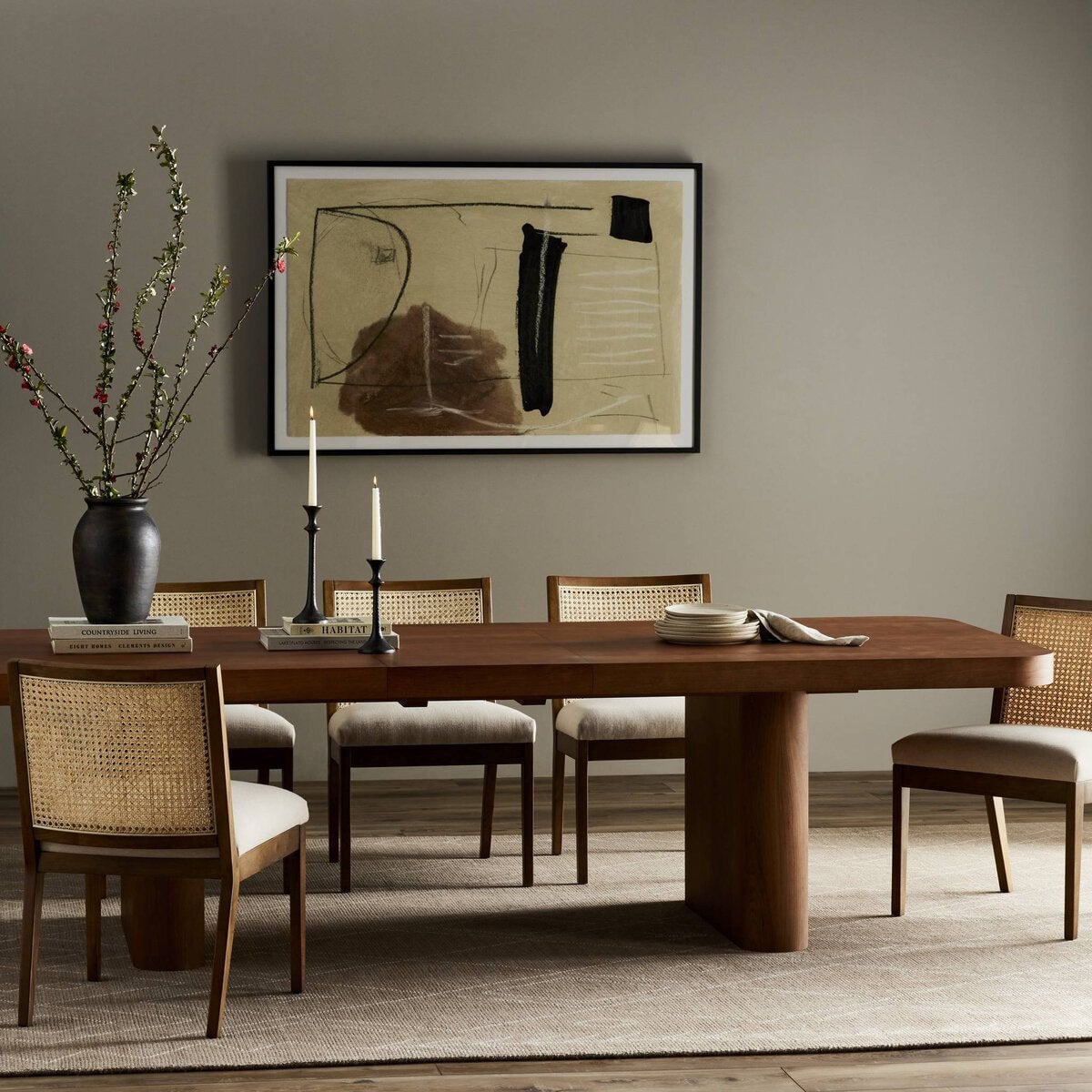 Rufina Extension Dining Table - styled with rattan chairs