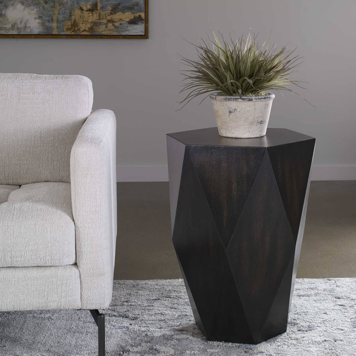 Volker Side Table - styled next to a modern sofa