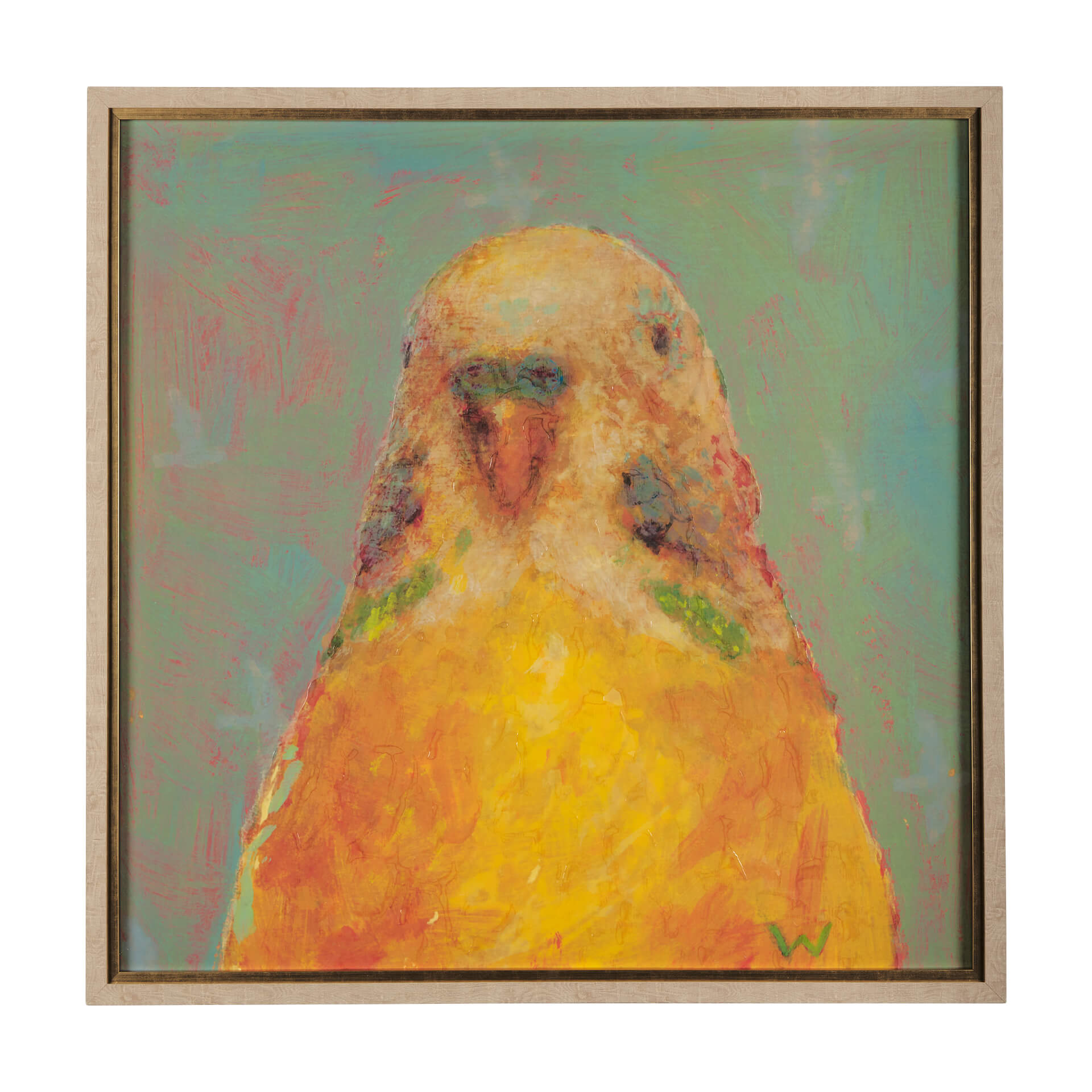 Pop Birds IV Framed Wall Art - painting of a parakeet with a teal background