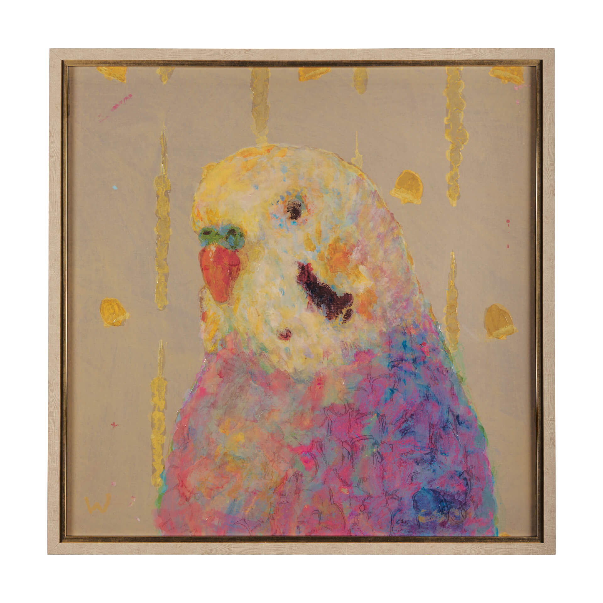 Pop Birds IV Framed Wall Art - painting of a parakeet in pink, blue and yellow