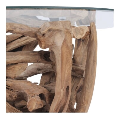 Jethro Reclaimed Teak Coffee Table - detail view showing glass top and teak root base