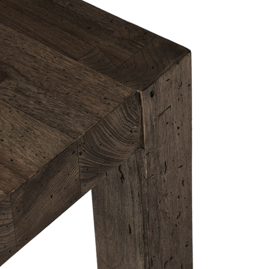 Abaso End Table-Ebony Rustic Wormwood Oak: Up-Close Product Corner View