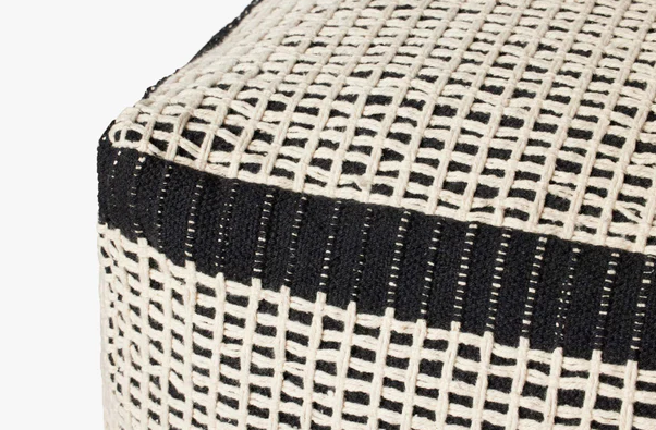 Black/Ivory Woven Pouf: Up-Close Product Corner View