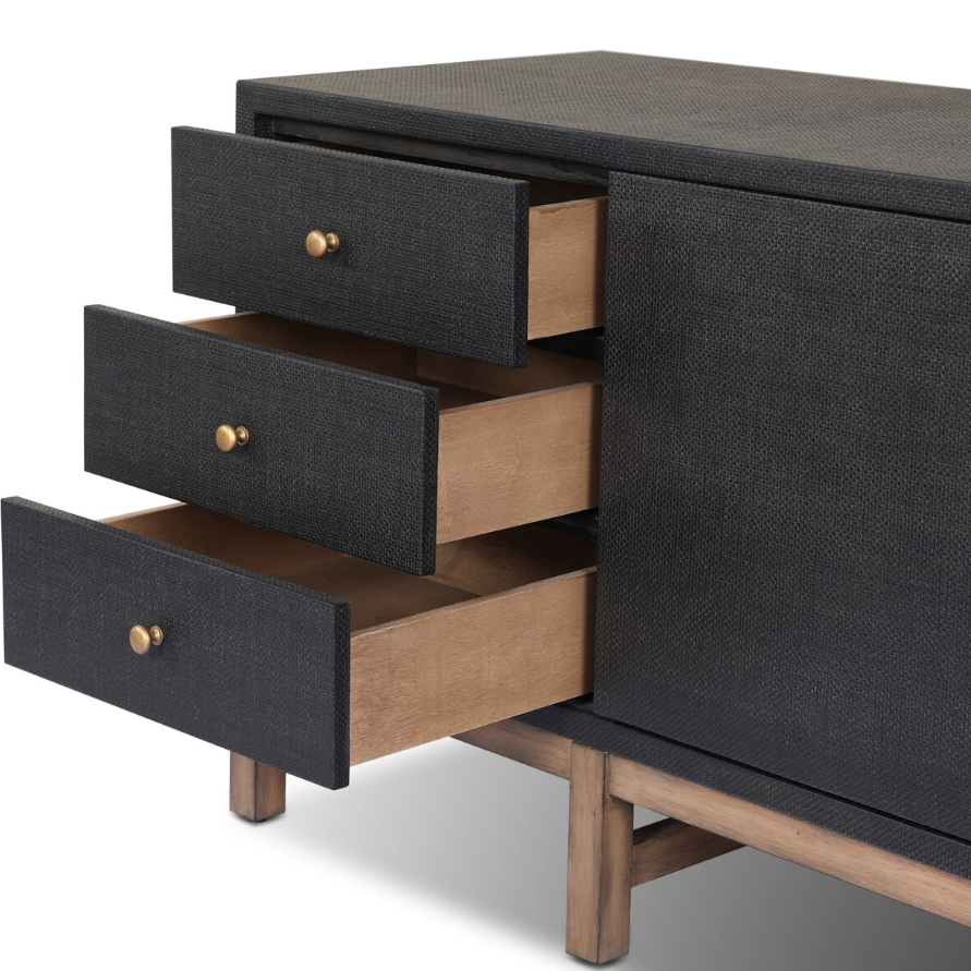Fiona Media Console: Up-Close Open Drawers Product View