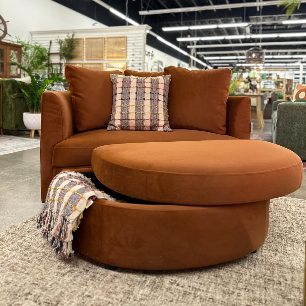 Aurora Chair and Ottoman - shown in Avalon Brick in the City Home showroom