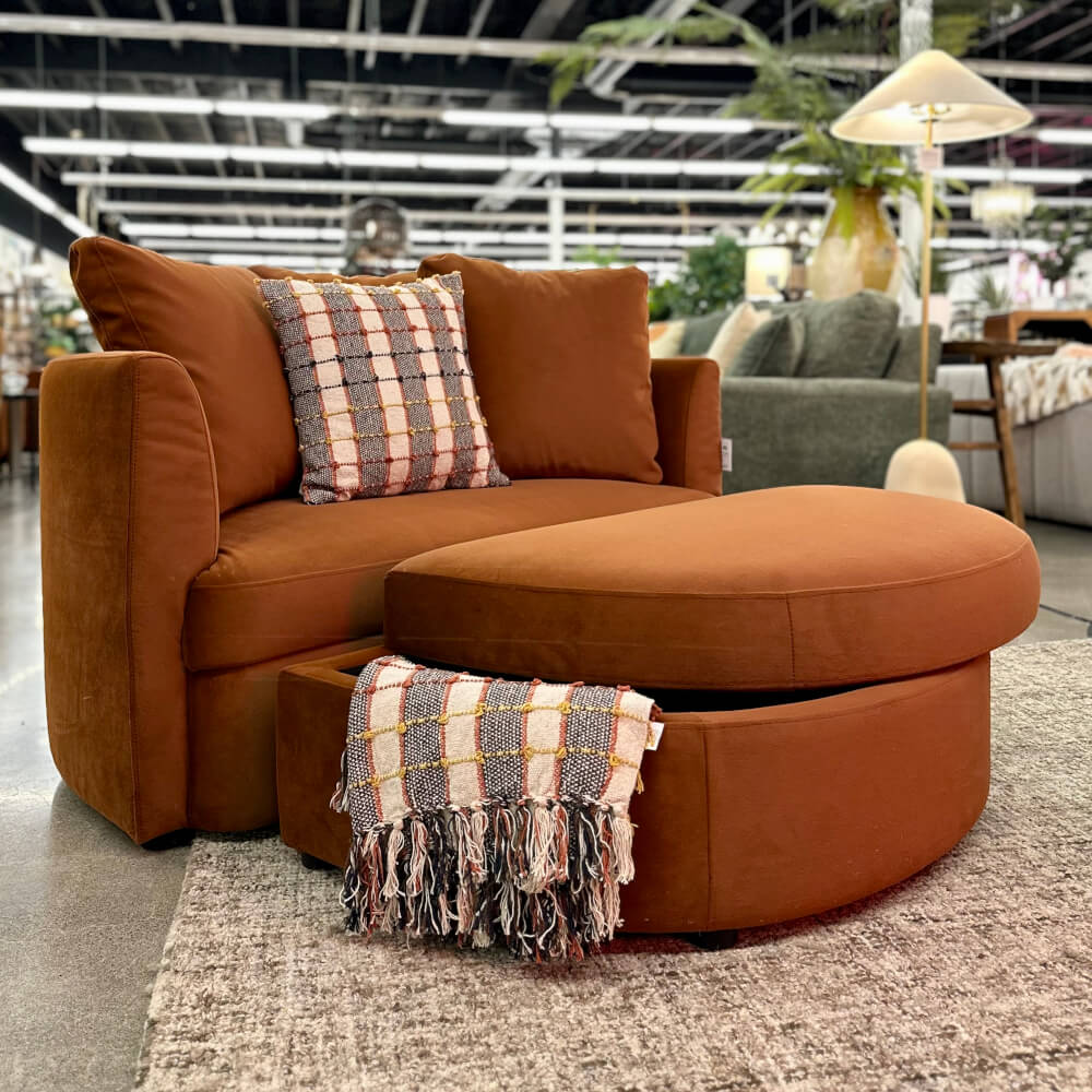 Aurora Chair and Ottoman - shown in Avalon Brick in the City Home showroom