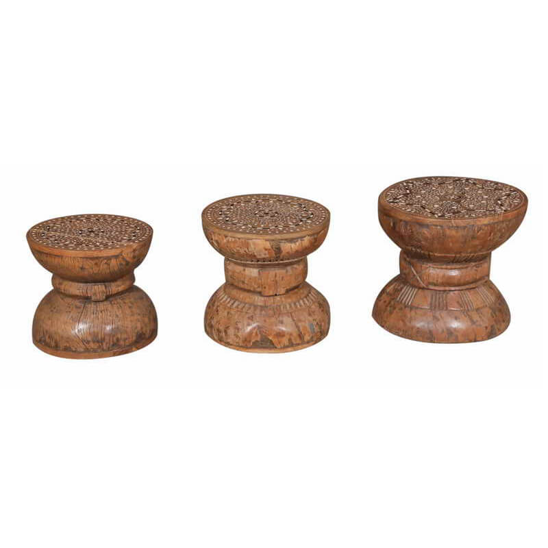 Wooden Stool with Bone Inlay