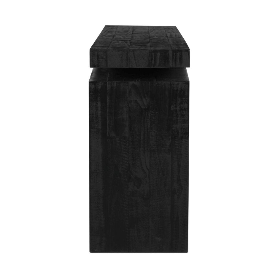 Matthes Console Table in Aged Black Pine: Product Side View