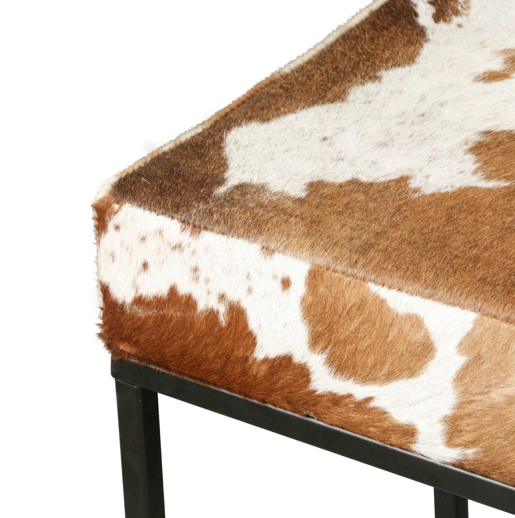 New York 54" Iron and Brown Cowhide Leather Bench: Product Corner View