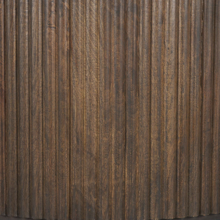 Terra Round Fluted Coffee Table-Dark Brown Wood: Up-Close Fluted Base View