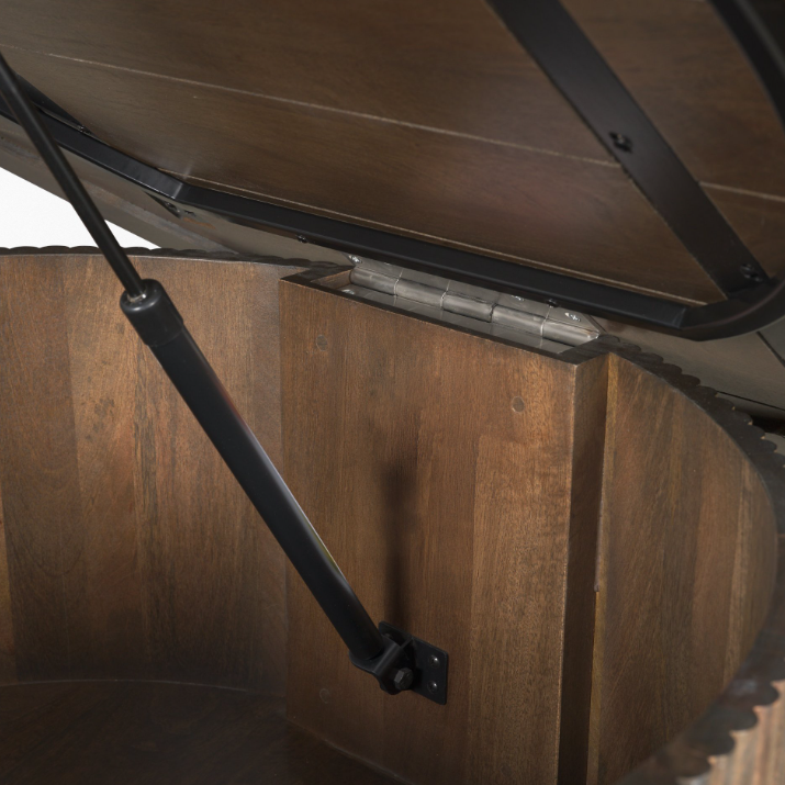 Terra Round Fluted Coffee Table-Dark Brown Wood: Up-Close Hydraulic Lift Product View