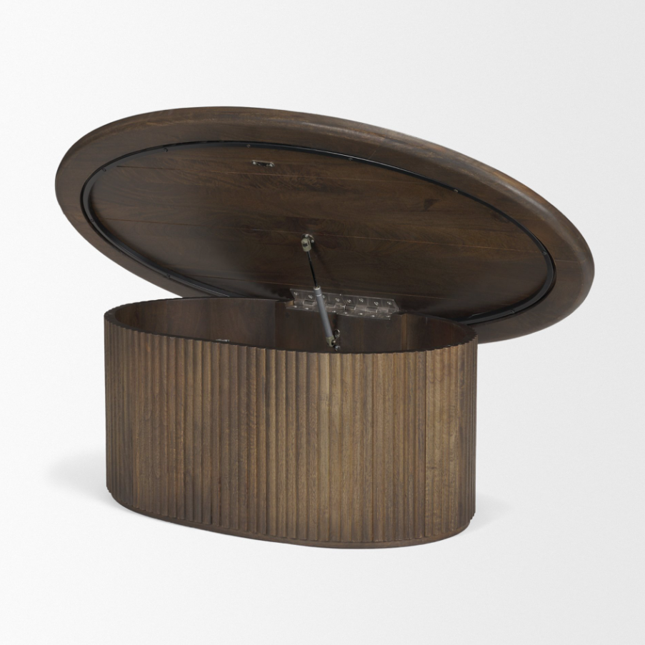 Terra Oval Fluted Coffee Table: Open Hydraulic Lift Top View