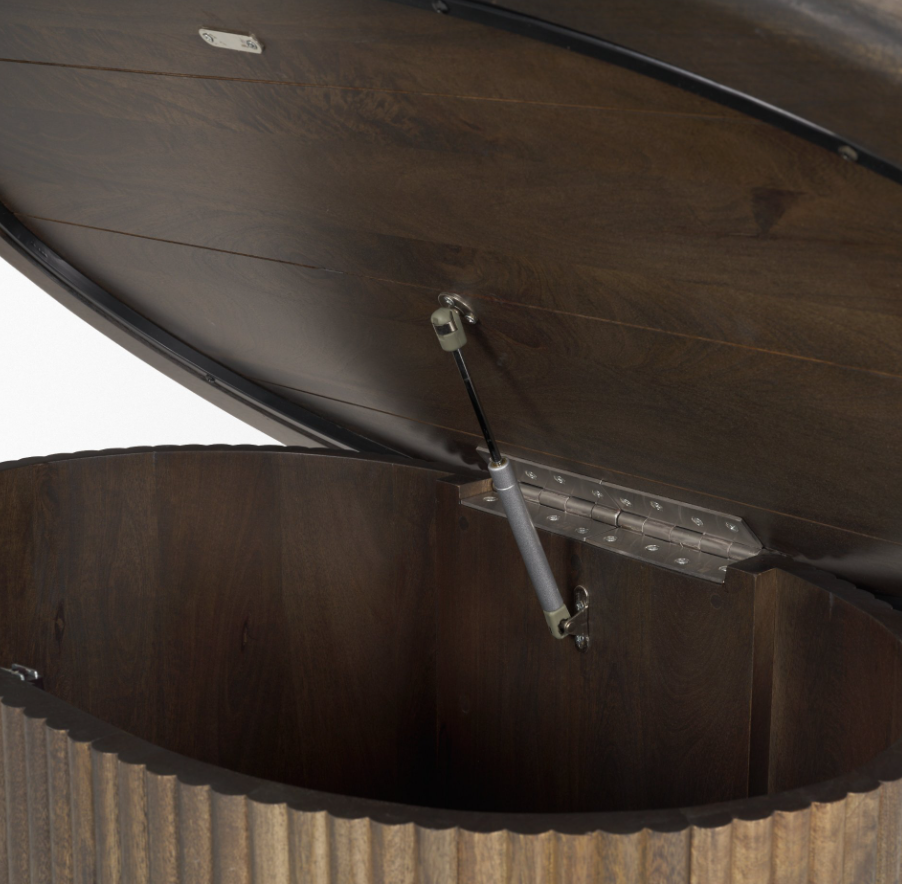 Terra Oval Fluted Coffee Table: Up-Close Hydraulic Lift Top View