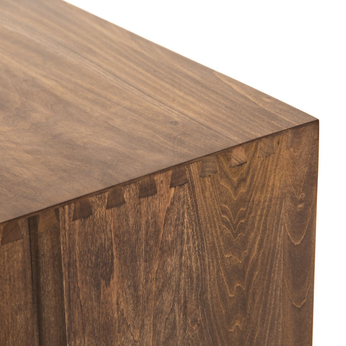 Trey Media Console-Auburn Poplar: Up-Close Product Corner View