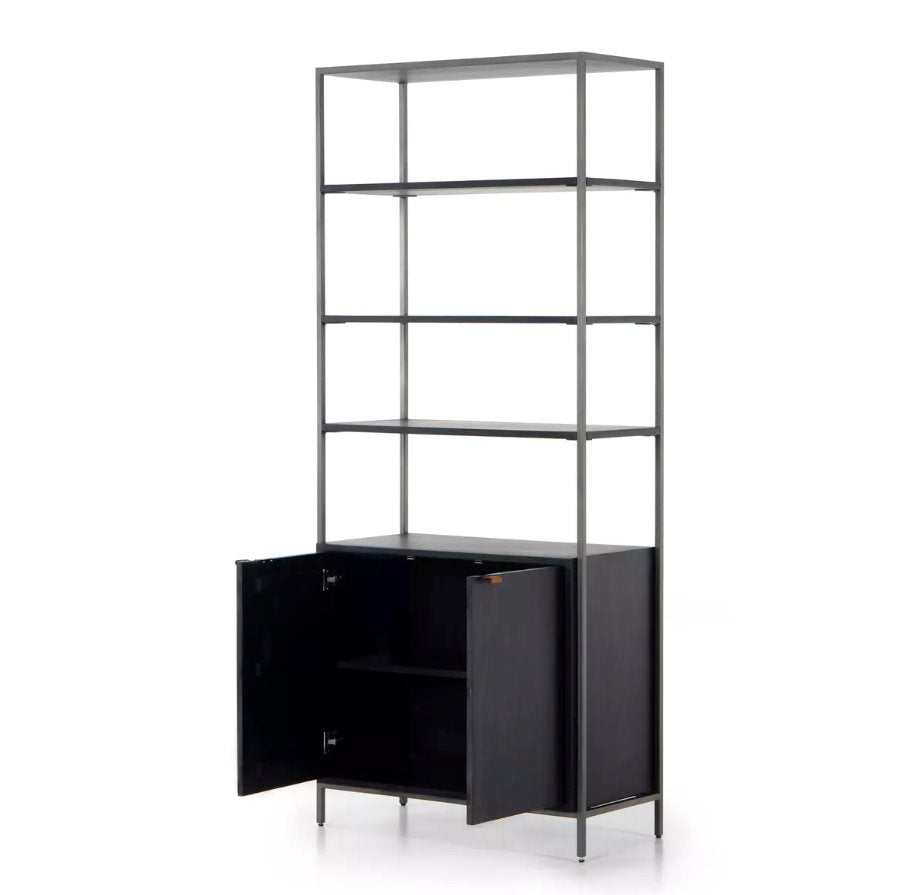 Trey Modular Wide Bookcase in Black Wash Poplar: Open Cabinet View