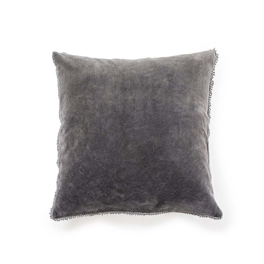 Velvet Pillow with Poms in Ash Grey