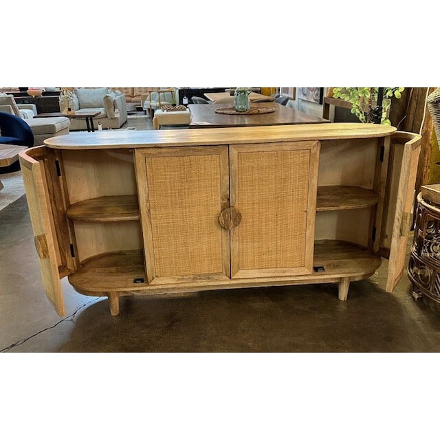 Rattan curved sideboard - doors open view