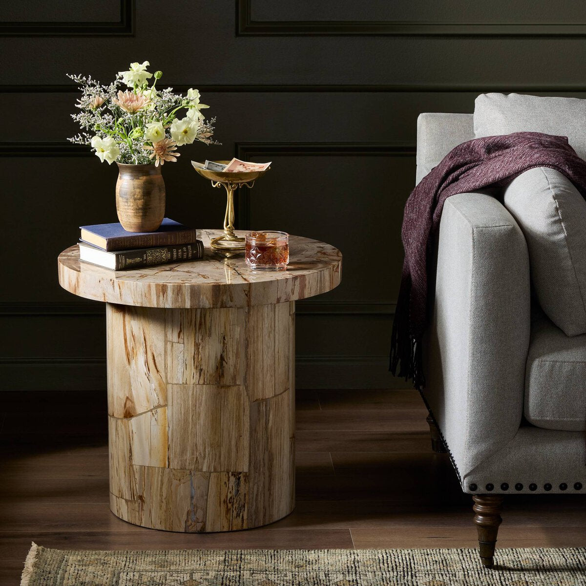 Aida End Table - styled with a grey sofa and books