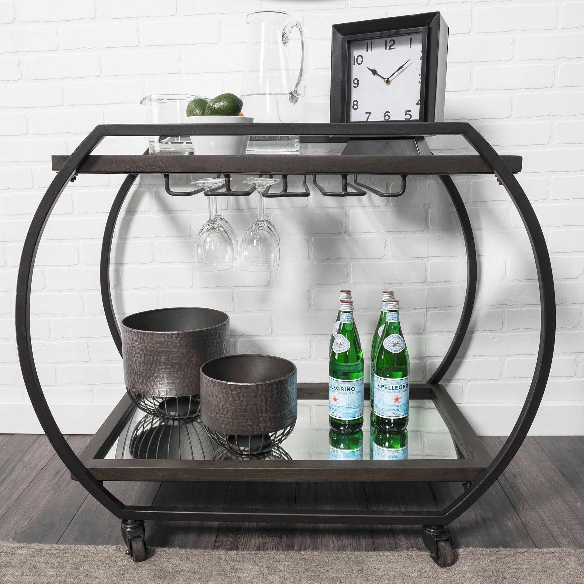 Chriselle Bar Cart - styled with sparkling water and glasses