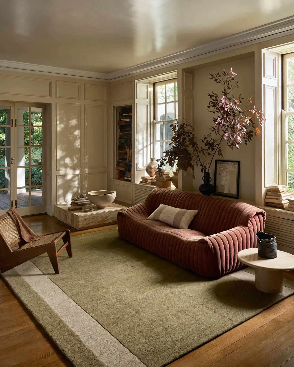 Leanne Ford X Loloi Craven Rug in Light Olive/Oatmeal - styled with a low sofa