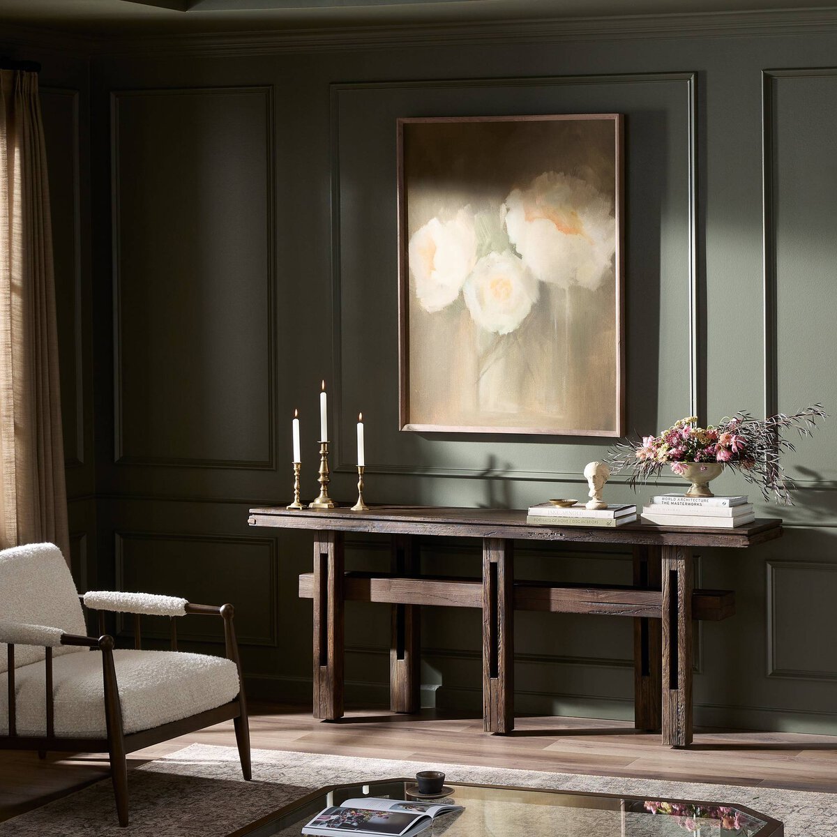 Contessa Console Table - styled in a moody green living room