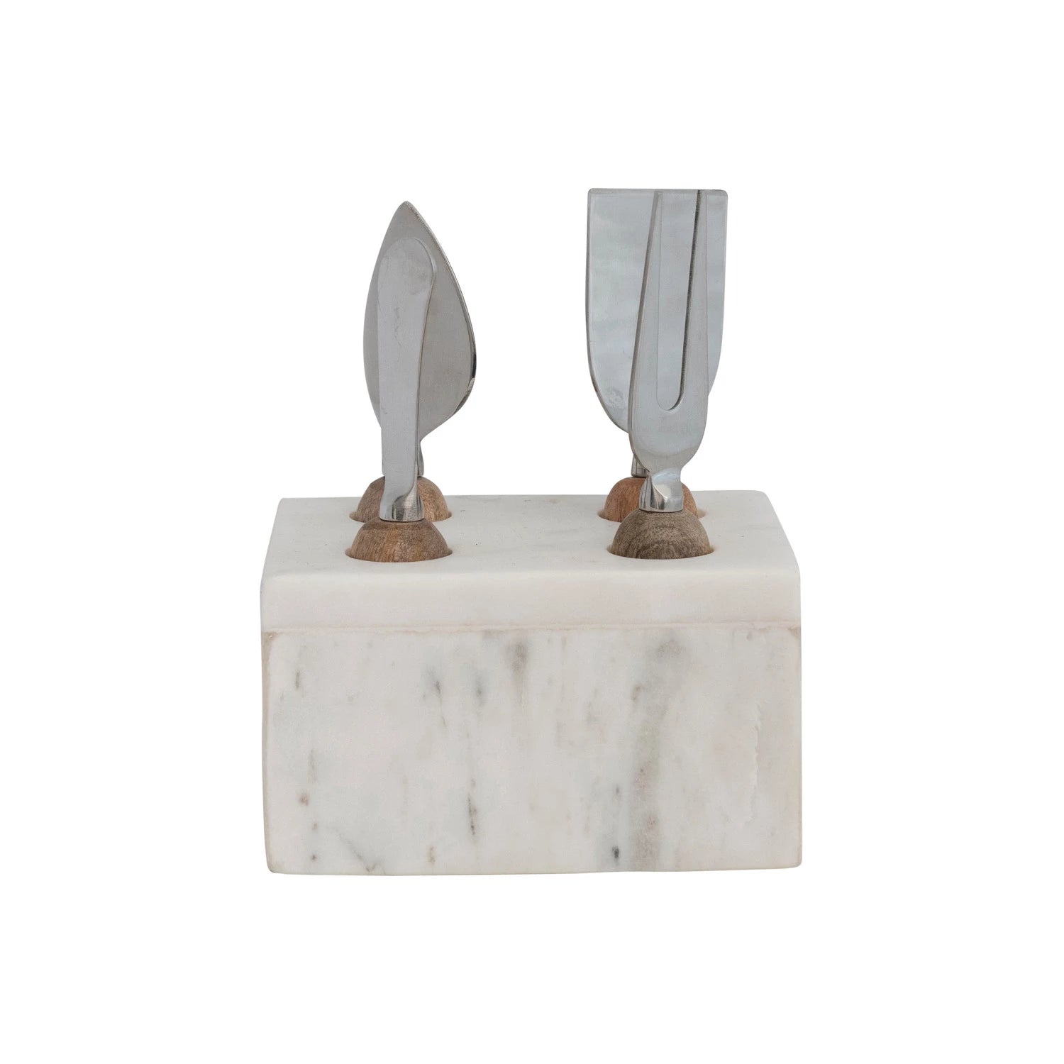 Stainless Steel Cheese Servers w/ Mango Wood Handles & Marble Stand - side view