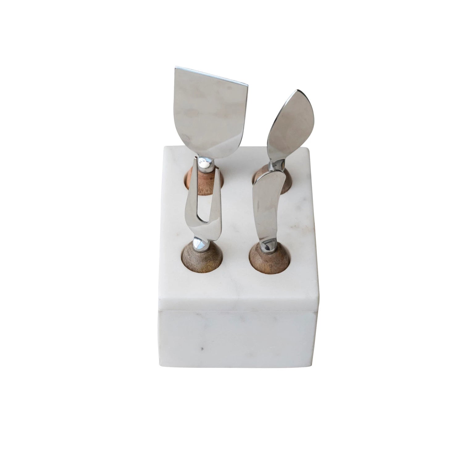 Stainless Steel Cheese Servers w/ Mango Wood Handles & Marble Stand - top view