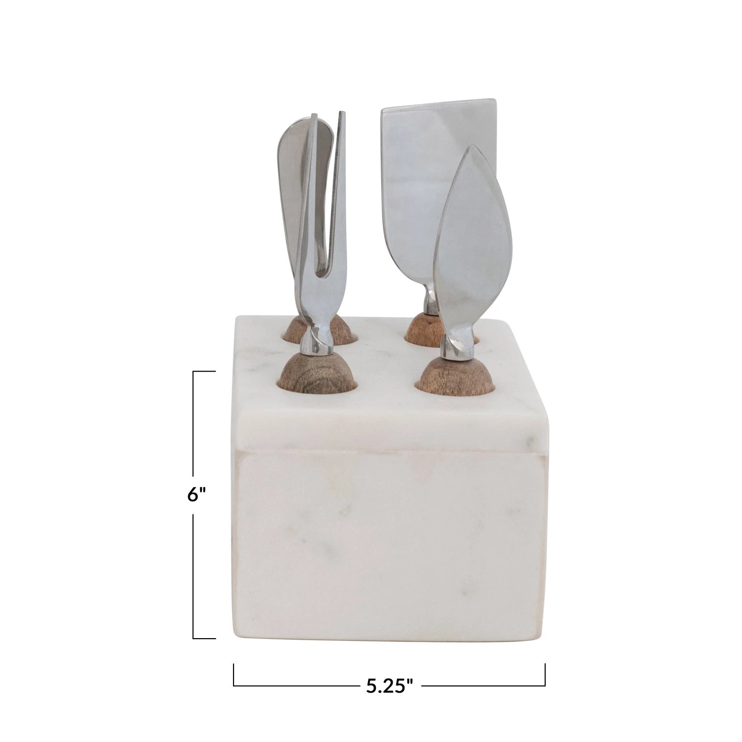 Stainless Steel Cheese Servers w/ Mango Wood Handles & Marble Stand - dimensions