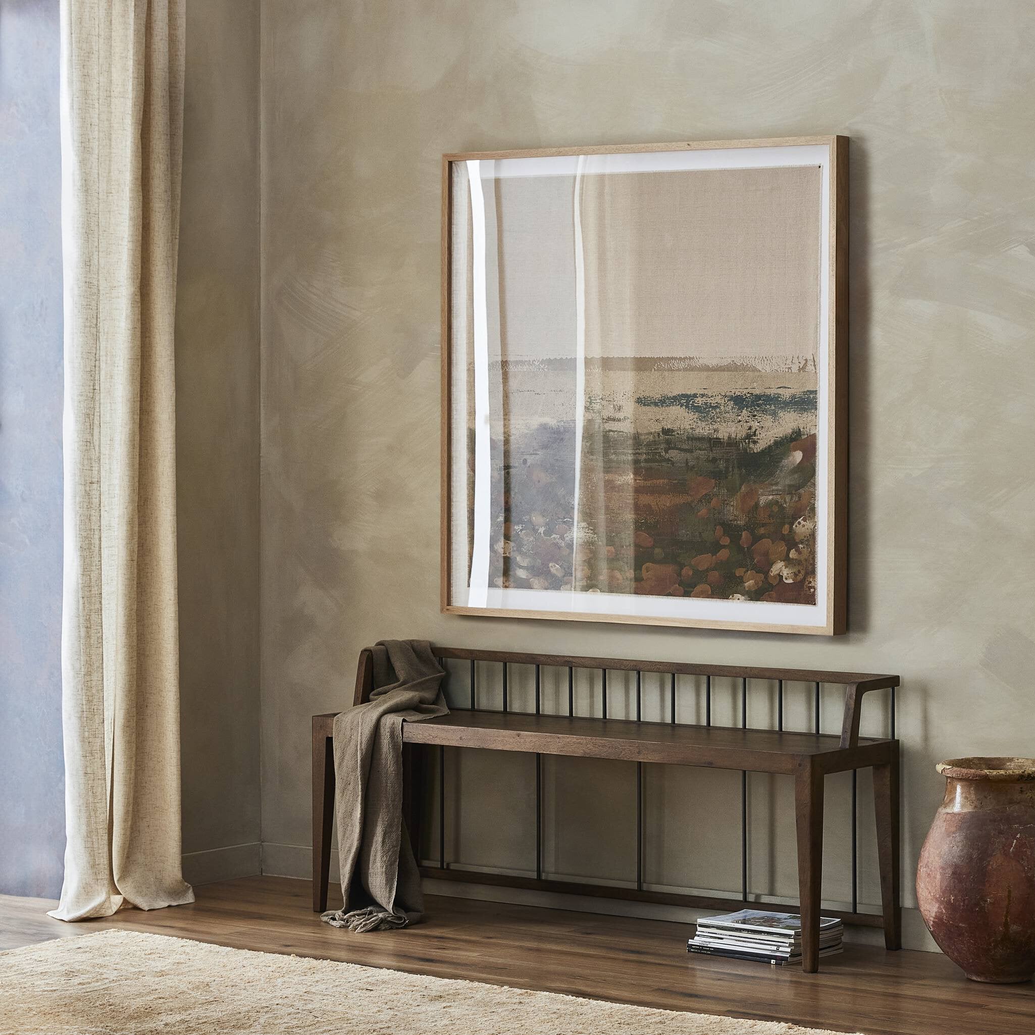 Howard Bench - shown styled in an interior with large scale artwork