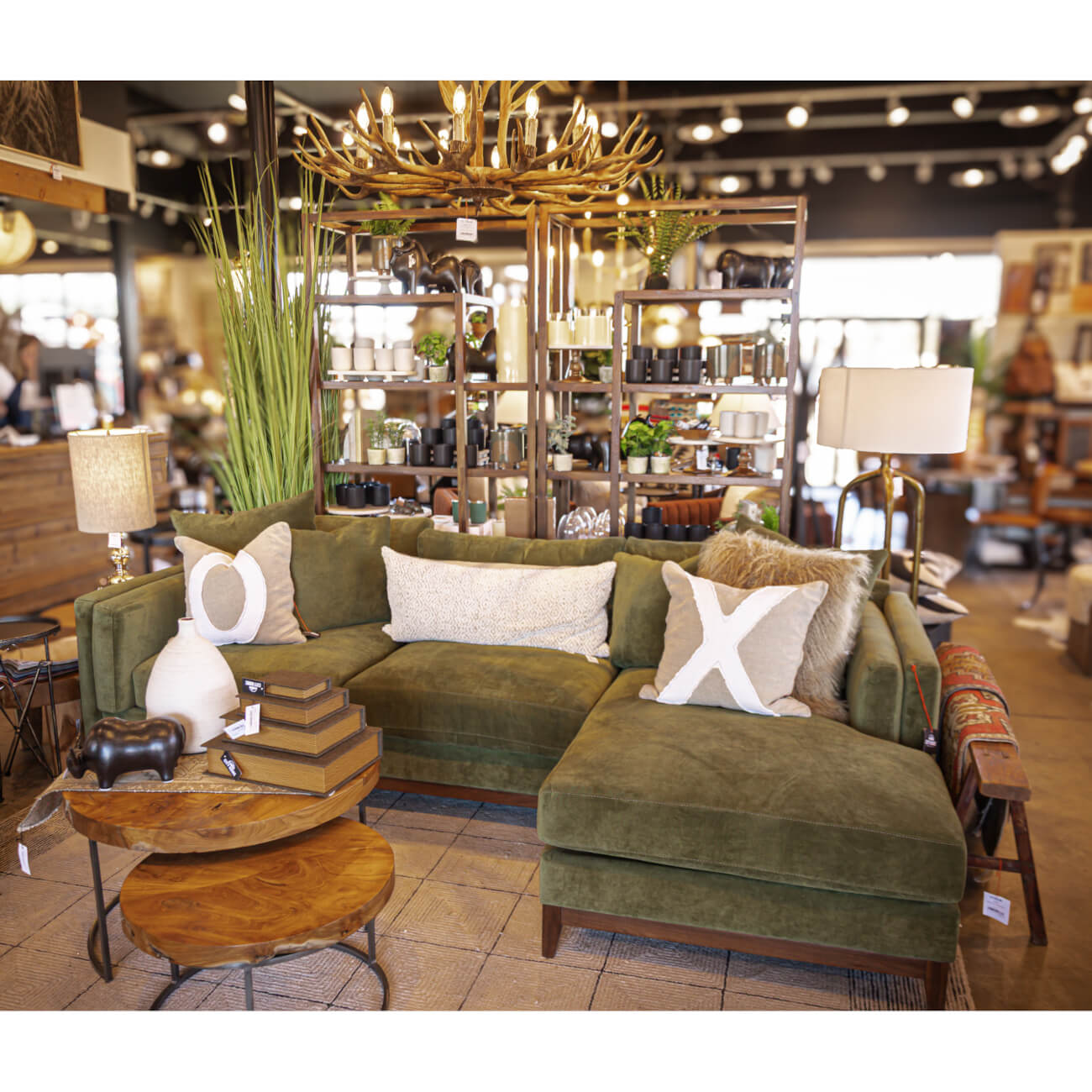 Kelsey Chaise Sectional in green - styled in the City Home showroom