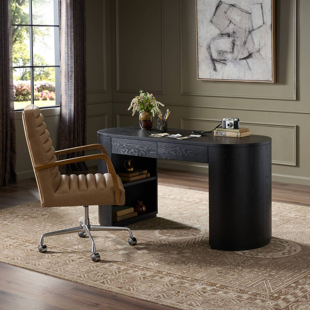 Pilar Desk - styled with a leather chair and books