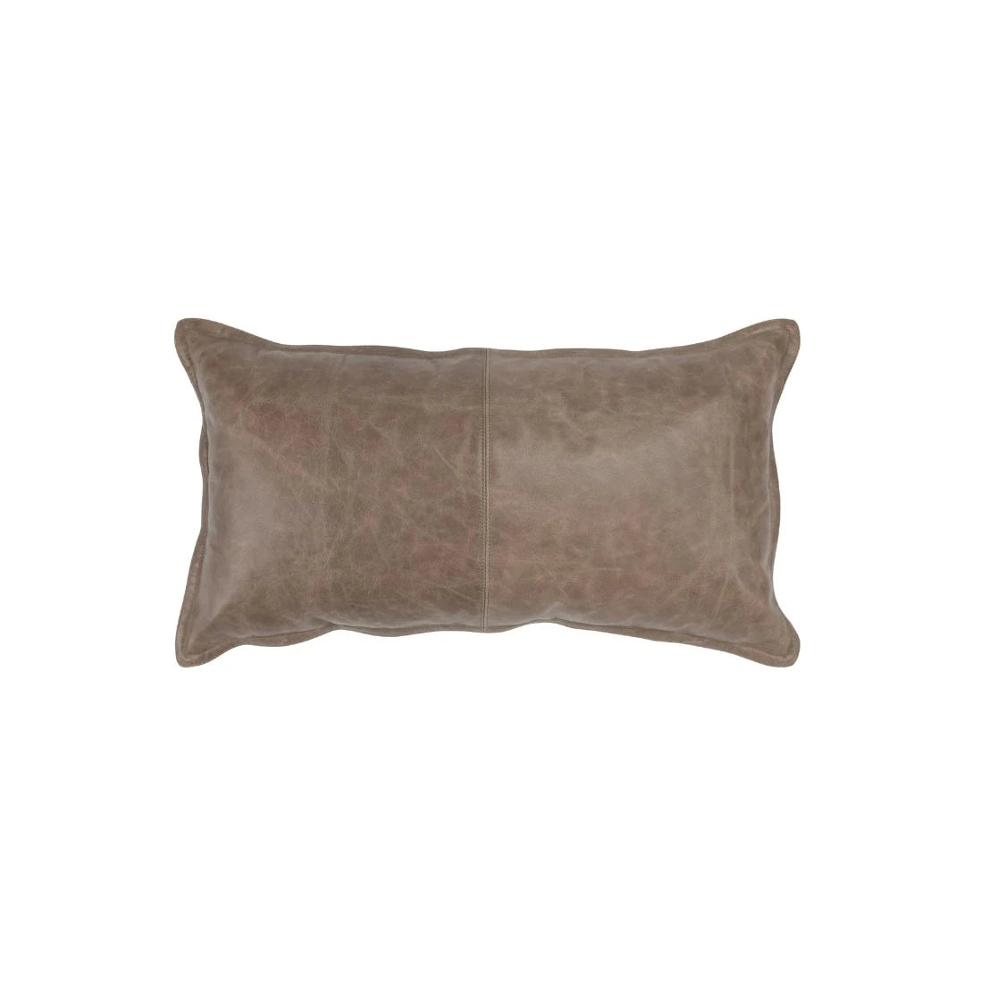 Soco Taupe Leather Pillow: An elegant throw pillow with stitched edge detailing, distressed leather in a dyed taupe color; bringing warmth and coziness to a space.
