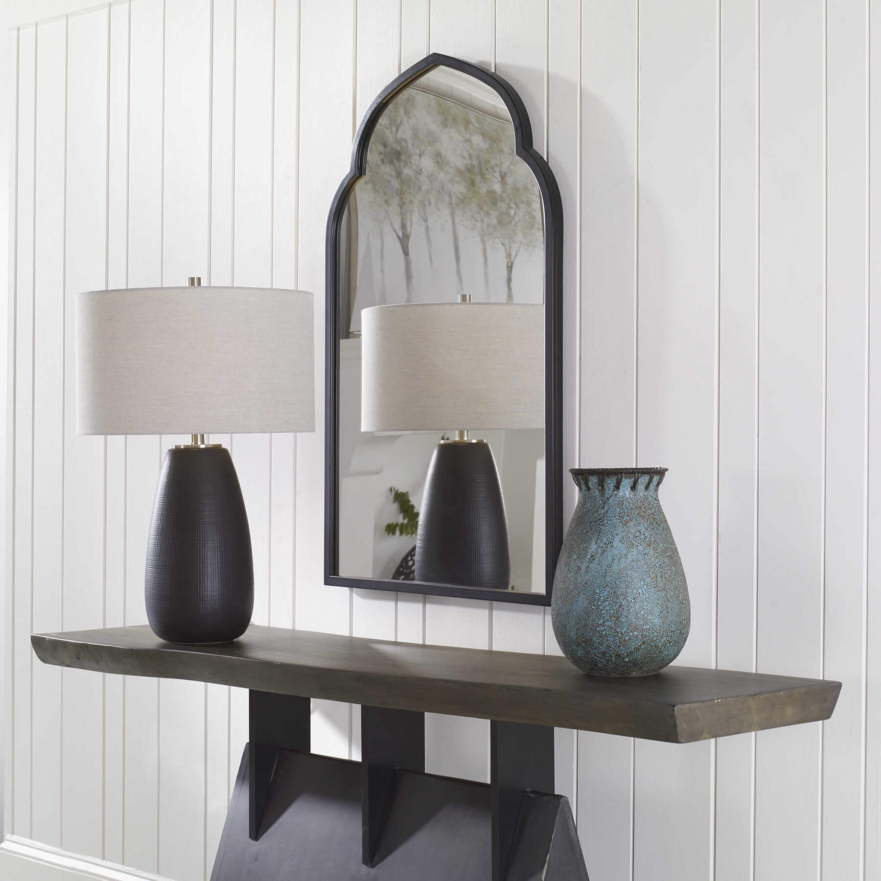 Kenitra arch mirror in black styled with a console table