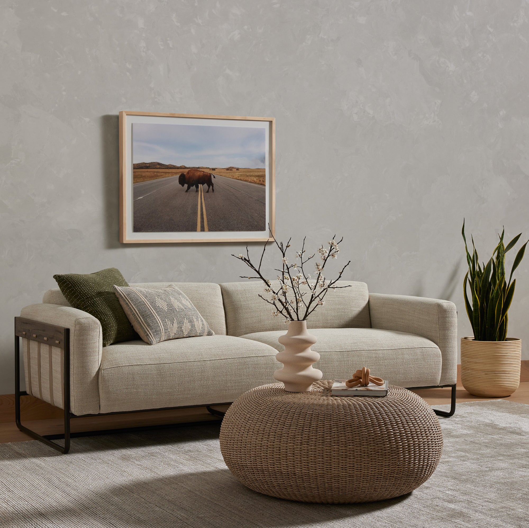 Ella sofa styled with warm neutrals