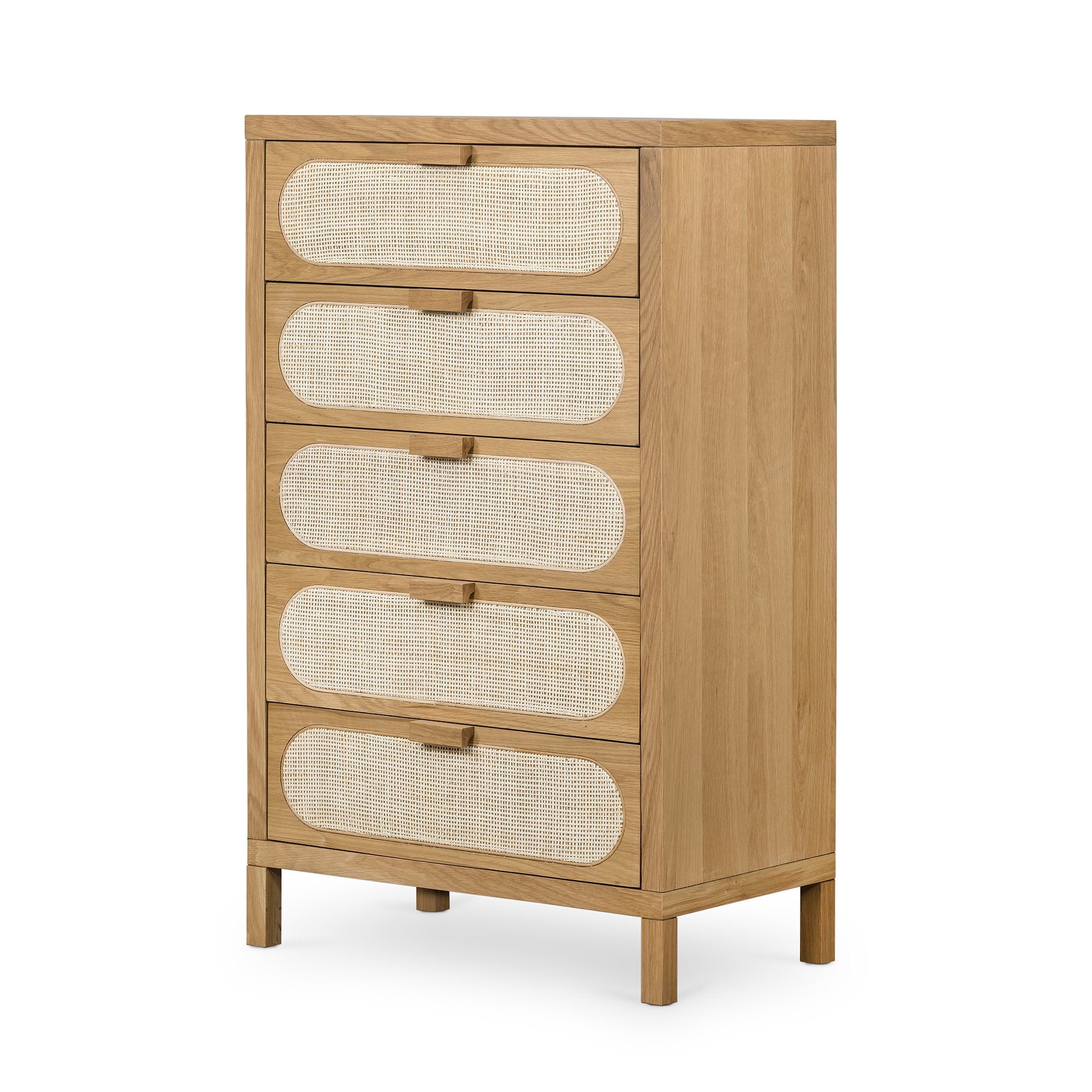 Allegra Woven Cane 5 Drawers Oak Tall Dresser