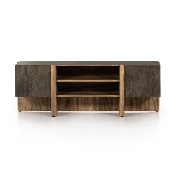 Bingham Media Console in distressed iron and rustic oak