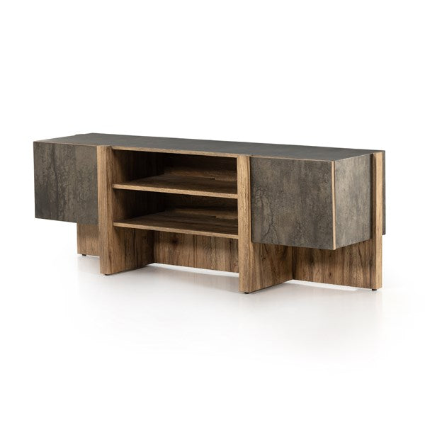 Bingham Media Console in distressed iron and rustic oak