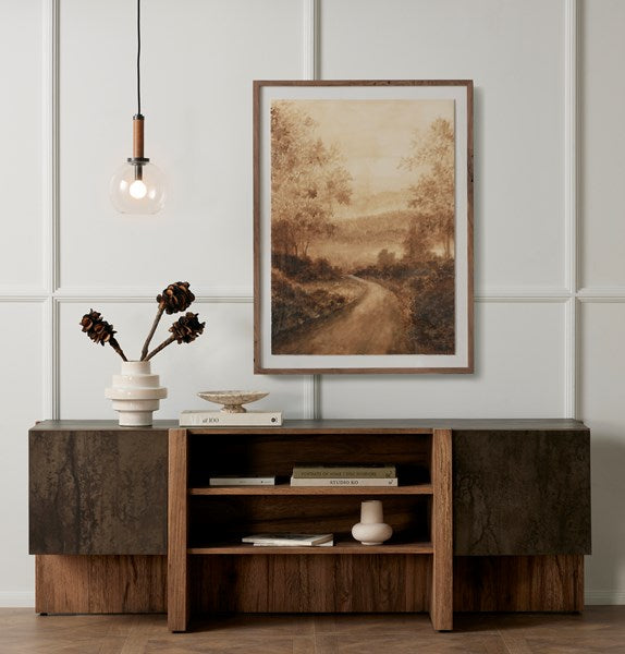 Bingham Media Console styled with art and decorative objects