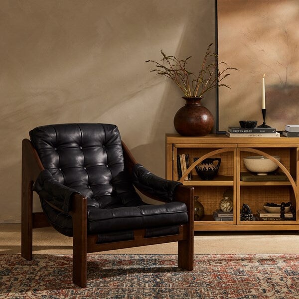 Halston Leather Chair - styled with a vintage inspired rug