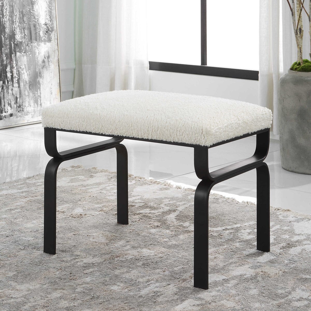 Diverge Small Bench in faux shearling - in a modern living room