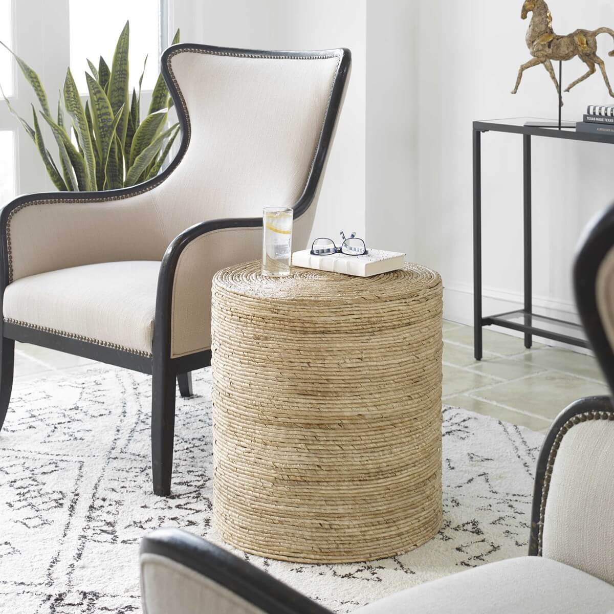 Rora Round Banana Leaf Accent Table styled