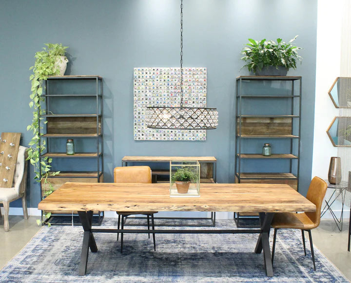 Restore Dining Table in Solid Acacia styled with rugs and industrial furniture
