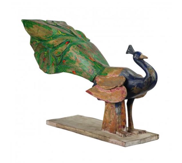 Hand carved wood peacock in blue and green