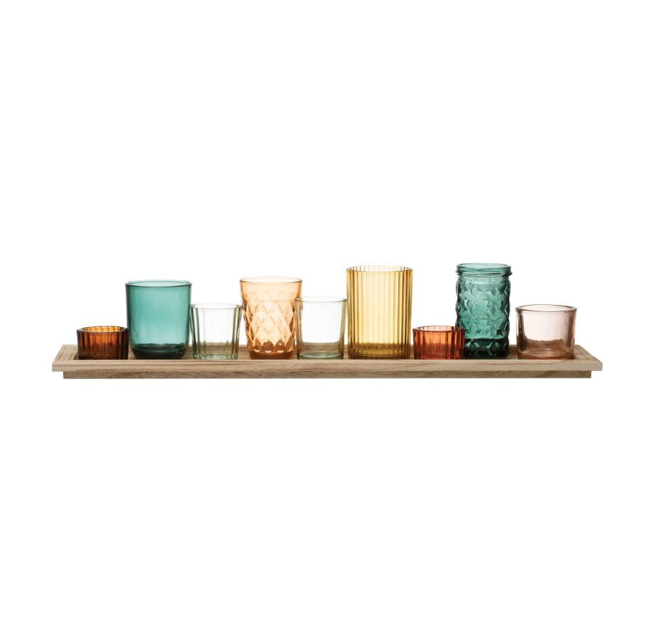 Embossed Glass Votive Holders with Tray