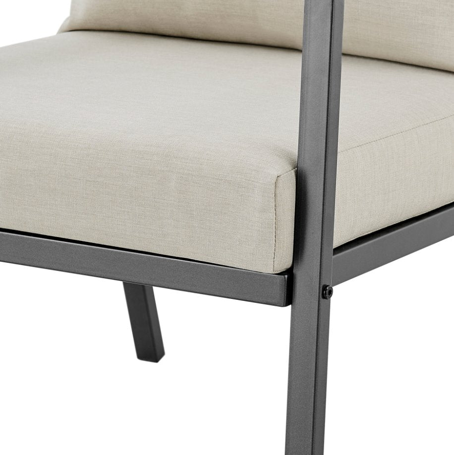 Rivano Fabric Outdoor Accent Arm Chair: Up-Close Seat Corner View-Coastal Taupe